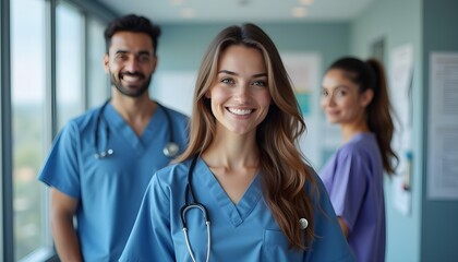 A young Caucasian woman with long brown hair wearing a blue medical scrub top, standing in a hospital setting with two other medical professionals in the background