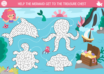 Wall Mural - Mermaid maze for kids with geometrical dolphin, octopus, turtle, seashell. Ocean kingdom preschool printable activity. Water labyrinth game. Fairytale puzzle with sea princess, treasure chest