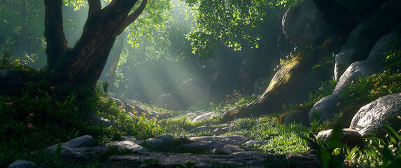 Forest with many rocks with beautiful sunlight pointing to it