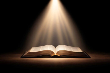 A mystical open book illuminated by a beam of light against a dark background, symbolizing knowledge and enlightenment.