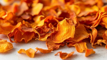 Wall Mural - Crispy Dried Carrot Chips - Vegan Snack on White Background in Top View