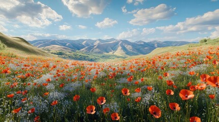 Sticker - Vibrant Poppy Field with Mountain Range Background