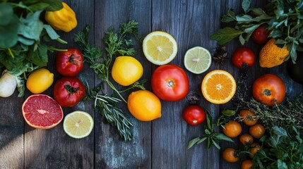 Wall Mural - Colorful Fresh Fruits and Vegetables on Rustic Wooden Background