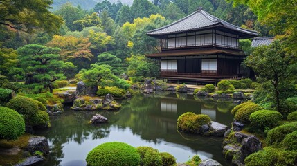 Poster - Traditional Japanese House with Pond and Garden