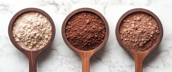 The white surface of three wooden bowls is adorned with matted spoons and powdery trails adorning earthy clays in shades of green, brown, and black.