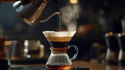 A side view of a hand slowly pouring water from a kettle over coffee grounds in a pour-over cone, with coffee dripping into a carafe below. Ai generated