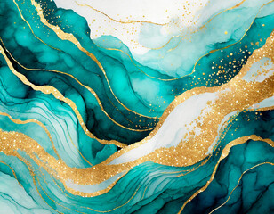 Poster - Luxury background with teal green ink waves and gold