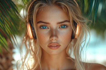 Poster - beautiful woman with blue eyes wearing headphones