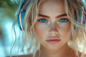 Wall Mural - beautiful woman with blue eyes wearing headphones