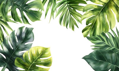 Wall Mural - Watercolor Illustration of Green Tropical Leaves with White Background