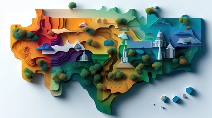 Wall Mural - A stylized state map of Texas with major rivers and geographical landmarks in vibrant colors.