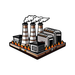 Vector illustration of a coal-fired power plant with three smokestacks emitting smoke.