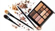 © Sunanta - Vibrant Warm-Toned Eyeshadow Palette and Makeup Brushes Top View with Crashed Samples on White Background - Beauty Concept