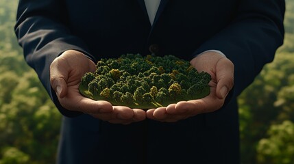 Eco-minded businessman holding a forest model, symbolizing sustainable business practices and environmental responsibility.