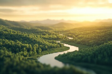 Breathtaking view of a winding river embracing lush green hills under a warm, golden sun at dawn, capturing nature's exquisite beauty.