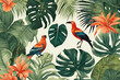 © Iskandar - Illustration of wallpaper design with tropic leaves, palms and bird on textured background. Artwork with plants and animals. Botanical design. Jungle abstract drawing.
