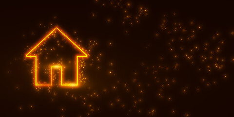 Poster - Neon house icon with glowing dots on dark background. 3D Rendering