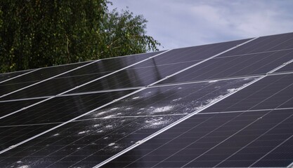 Solar panel array with visible hail damage, showing cracked photovoltaic cells under cloudy skies and nearby trees, highlighting the impact of severe weather on renewable energy infrastructure.