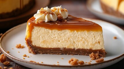 Decadent Caramel-Topped Cheesecake Slice on a Plate