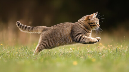 A brown tabby cat frolics in a grassy field. --ar 16:9 --v 6.1 Job ID: 9be08dd5-b0cb-437d-867c-594f686605a6