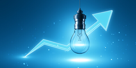 Wall Mural - lightbulb hanging with upward arrow on blue background. 3d rendering