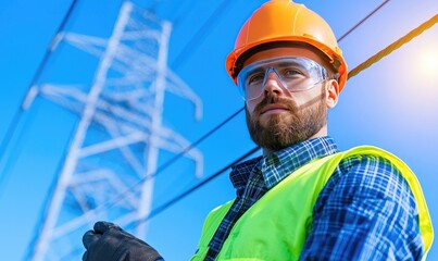 A focused utility worker in safety gear, inspecting power lines under a clear blue sky, ensuring safe electrical operations.