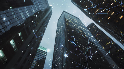 Smart digital Innovation city with connection network reciprocity over the cityscape. of future smart wireless digital city and social media networking systems that connects people with in city