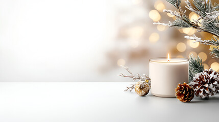 Wall Mural - Scenic Winter Candle Mockup with Pine Cones and Christmas Decorations, Perfect for Your Holiday Designs