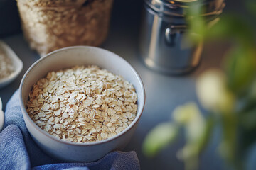 Wall Mural - Bowl of raw rolled oats on a kitchen counter with various cooking ingredients in the background, perfect for breakfast, healthy eating, and nutrition concepts.