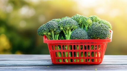 Wall Mural - Vibrant Broccolini in Red Basket - Selective Focus on Fresh Vegetables in Container