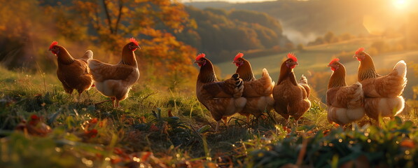 Free range laying hens both in the field and in a commercial coop. The photo captures the natural beauty of these birds and their habitat.