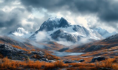 Snowy Mountain Peak and Autumnal Valley Landscape