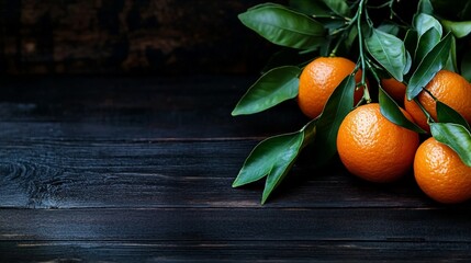 Wall Mural - Vibrant Tangerine Mandarin Orange Harvest Displayed on Dark Wooden Table Background.