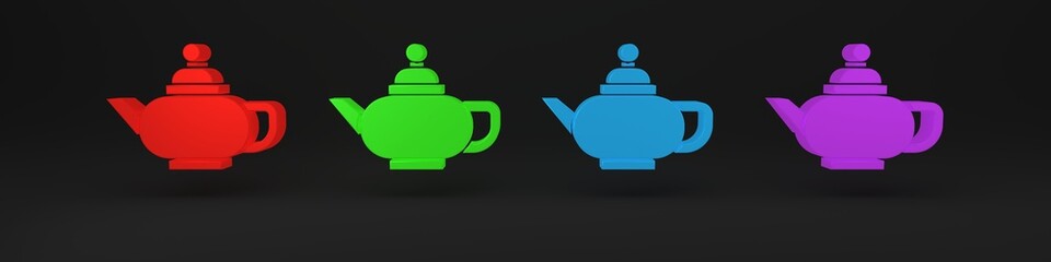 Wall Mural - Colorful Traditional Chinese tea ceremony icon isolated on black background. Teapot with cup. Minimalism concept. 3D render illustration