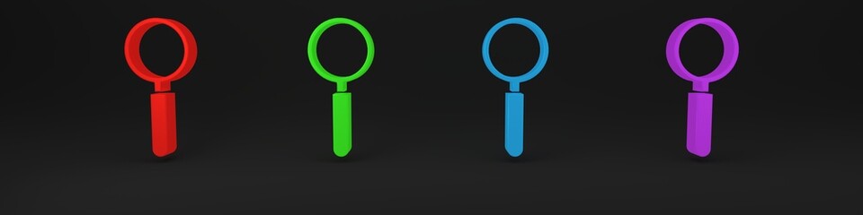 Poster - Colorful Magnifying glass icon isolated on black background. Search, focus, zoom, business symbol. Minimalism concept. 3D render illustration