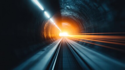 A high-speed train rushes through a dark tunnel with motion blur lines and bright lights, creating a dynamic and futuristic scene that is visually captivating and energetic.