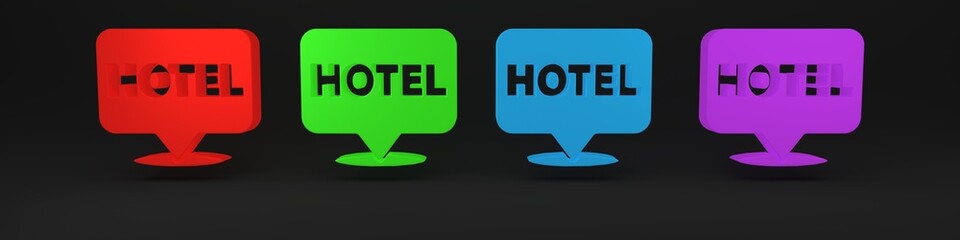 Sticker - Colorful Location hotel icon isolated on black background. Concept symbol for hotel, hostel, travel, housing rent, real estate. Minimalism concept. 3D render illustration