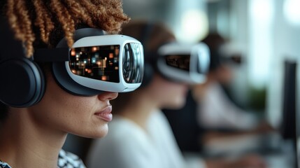 Three individuals immersed in virtual reality using VR headsets while sitting in a contemporary office setting, highlighting advanced technology and workplace innovation.