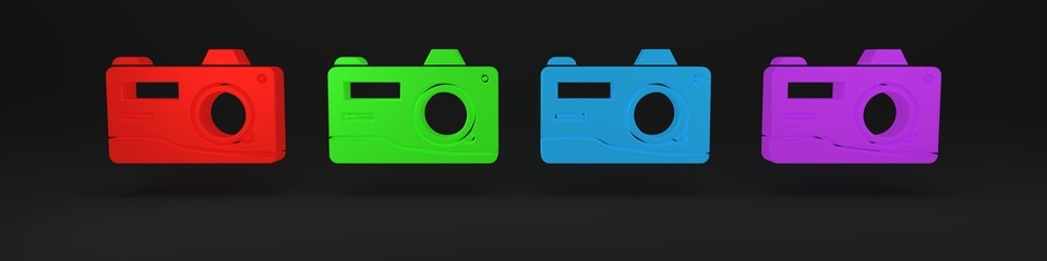 Wall Mural - Colorful Photo camera icon isolated on black background. Foto camera icon. Minimalism concept. 3D render illustration