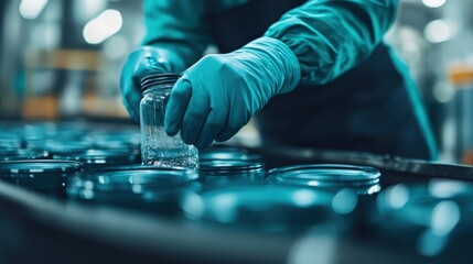 A worker wearing protective gloves and uniform handles glass jars in a manufacturing or laboratory setting, focusing on precision and cleanliness.