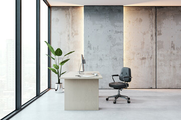 Poster - Modern office interior with a desk, chair, and large windows. 3D Rendering