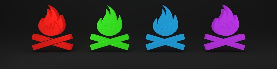 Wall Mural - Colorful Campfire icon isolated on black background. Burning bonfire with wood. Minimalism concept. 3D render illustration