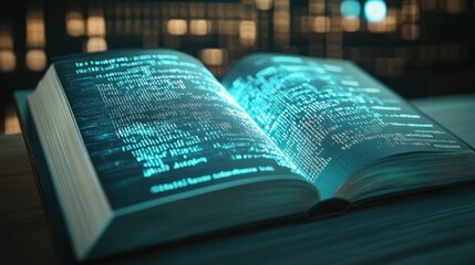 Open Book with Glowing Blue Code