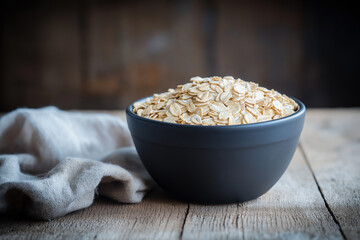 Wall Mural - Bowl of Rolled Oats on Rustic Wooden Table in a Cozy Kitchen Setting with Soft Natural Light, Ideal for Depicting Healthy Breakfast Concepts and Organic Food Preparation