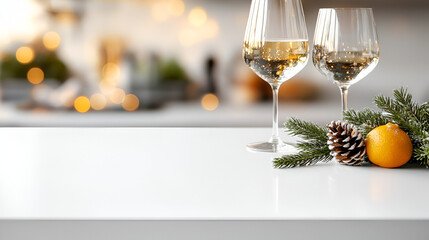 Wall Mural - Festive Holiday Tabletop Mockup with White Wine, Pine and Citrus