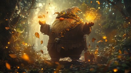 A chubby monster wizard controlling the elements in a medieval forest, with swirling leaves and glowing lights