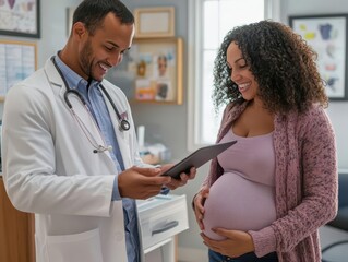 Sticker - compassionate male doctor presents digital health results to expectant mother warm clinic setting