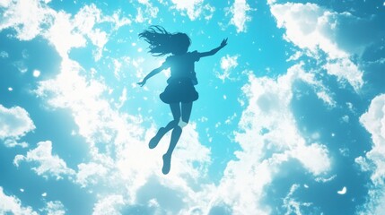 a girl in mid-air, seemingly leaping or floating above a cloud-dappled sky  in f blue and white