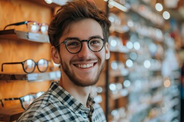 Young man trying glasses in a optics store