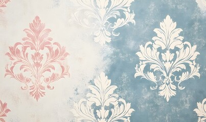 Wall Mural - Vintage Floral Pattern Wallpaper with White and Pink Motifs on a Blue and Beige Background